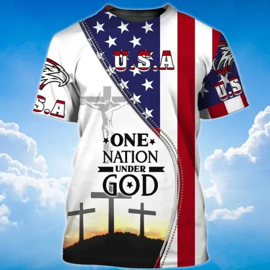 One Nation Under God Patriotic American Flag 3D T-Shirt Full Size S-5XL