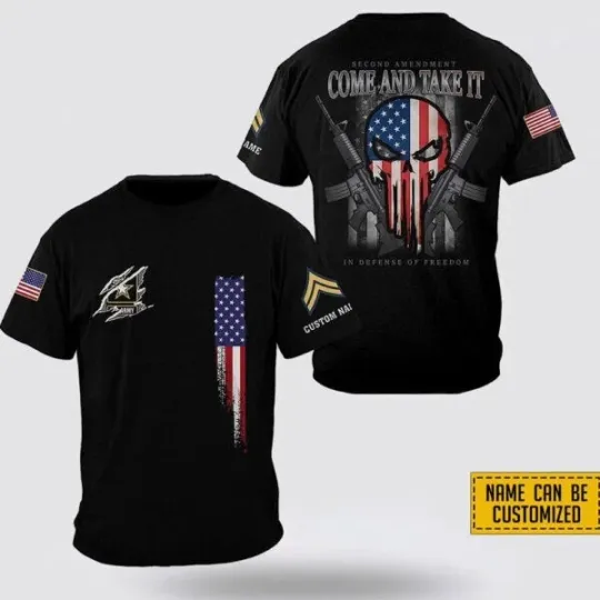 Custom Name Rank  Skull US Army Veteran Second Amendment AOP 3D T-shirt