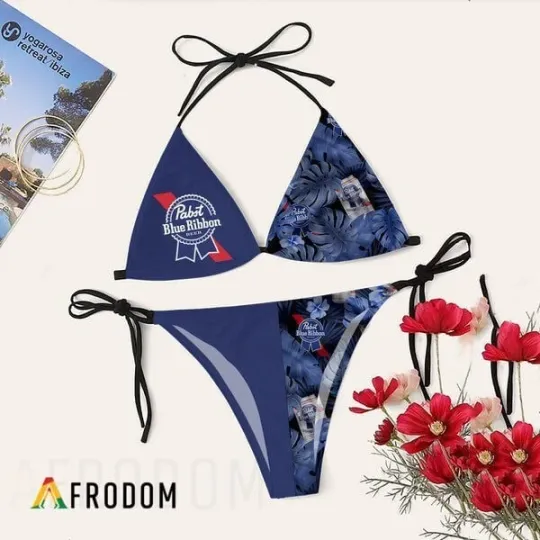 Pabst Blue Ribbon Beer Triangle Bikini Set Women Swimsuit Beach Summer