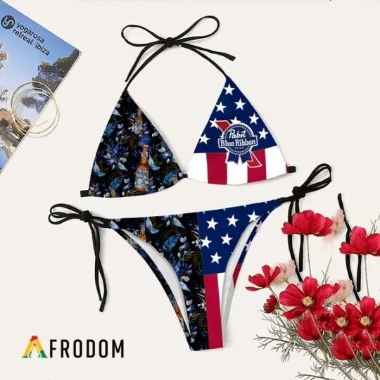 American Flag Pabst Blue Ribbon Triangle Bikini Set Women Swimsuit Beach Summer
