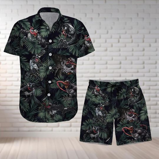 Venom Button Shirt And Shorts, Carnage Symbiote Hawaiian Shirt, Disney Movie Tropical Clothes, Anti Superhero Aloha Summer Beach Shirt