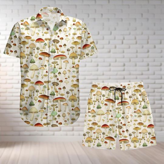Mushroom Button Shirt And Shorts, Cottagecore Hawaiian Shirt, Natural Life Summer Beach Shirt, Plant Tropical Shirt,Mushroom Lover Gift