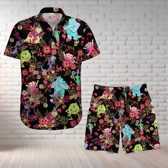 Monsters Inc Button Shirt And Shorts, Sulley Mike Wazowski Boo Randall Celia Roz Hawaiian Shirt, Disney Tropical Clothes, Summer Shirt