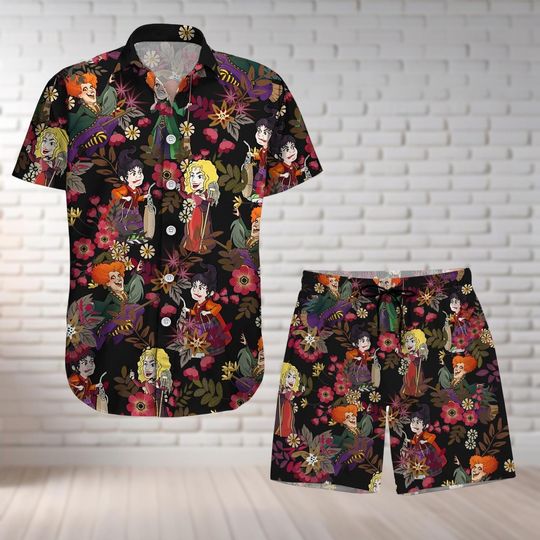 Hocus Pocus Button Shirt And Shorts, Sanderson Sisters Winifred Sarah Mary Hawaiian Shirt, Halloween Tropical Shirt, Aloha Summer Shirt