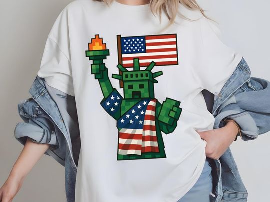 Patriotic Minecraft Pixel Art T-Shirt for American Gamers and Minecraft Lovers
