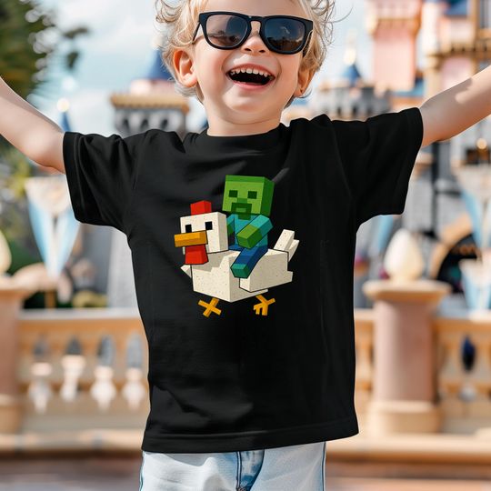 Youth Chicken Jockey Minecraft T-Shirt, Funny Gamer Gift, Quirky Tee for Chicken Lovers