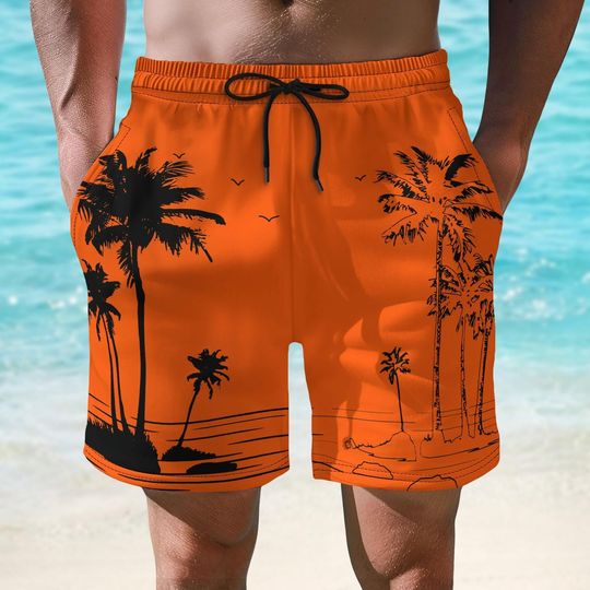 Orange Tropical Beach Short For Men, Palm Tree Swim Trunks, Summer Vacation Ocean Shorts, Resort Coastal Beach Short, Gift For Him