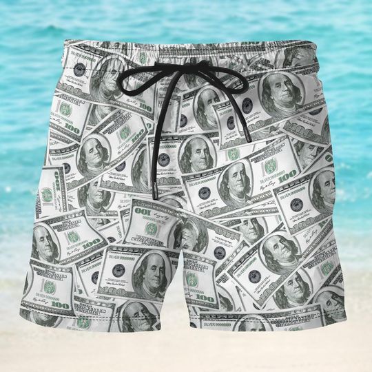 Money Print Short Men, Funny Dollar Bill Swim Short, Benjamins Streetwear Summer Shorts, Rich Vibe Party Beach Short, Gift For Him