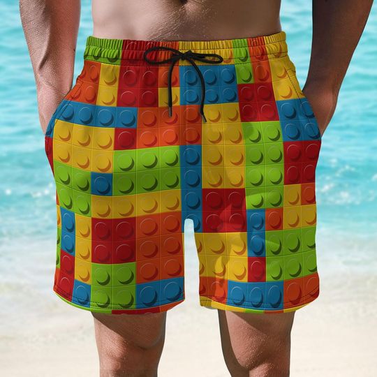 Lego Brick Short, Building Block Short Men, Colorful Brick Swim Trunks, Funny Gamer Dad Short, Playful Summer Short, Gift For Him