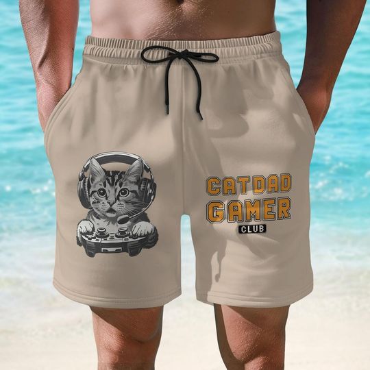 Cat Dad Gamer Short For Men, Funny Kitten With Headset Gaming Short, Gamer Dad Lounge Short, Family Vacation Merch, Cat Lover Gift