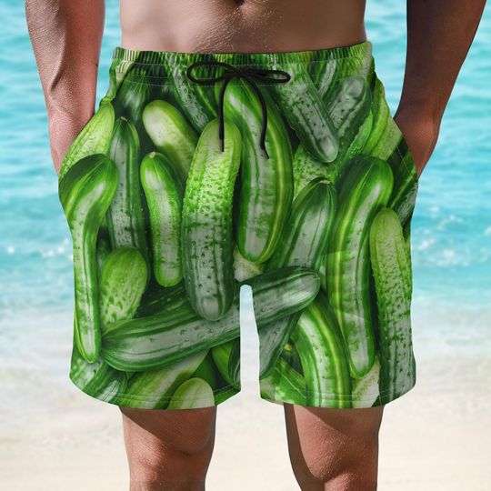 Cucumber Short For Men, Funny Vegetable Swim Trunks, Novelty Summer Beach Short, Pickle Lover Short, Bold Food Short, Gift For Him