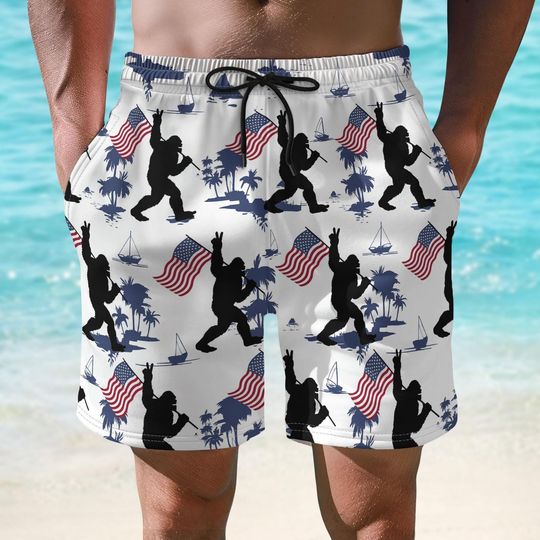 Bigfoot American Flag Short For Men, Funny Sasquatch 4Th Of July Swim Trunks, Patriotic Summer Beach Short, Usa Pride Short Gift
