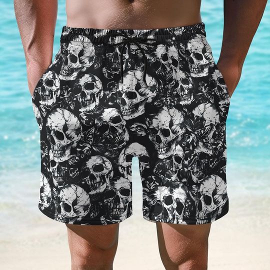 All Over Skull Short Men, Gothic Horror Swim Trunks, Dark Punk Summer Short, Vacation Beach Short, Edgy Biker Short, Gift For Him