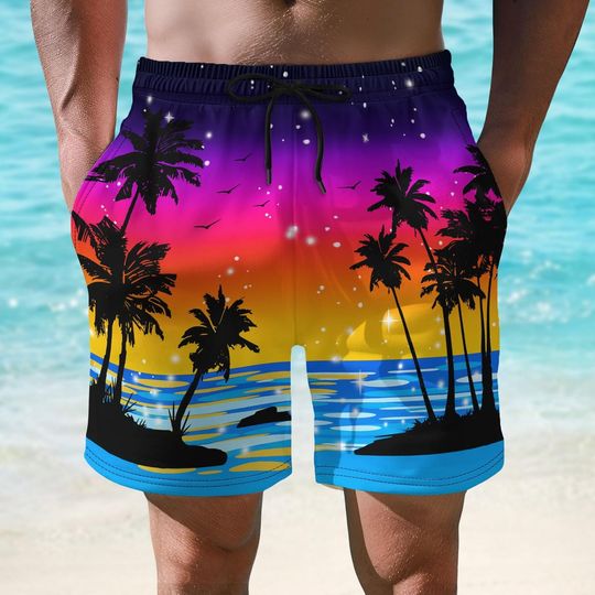 Neon Sunset Beach Short Men, Tropical Palm Tree Swim Trunks, Colorful Ocean Party Summer Short, Festival Beach Short, Gift For Him