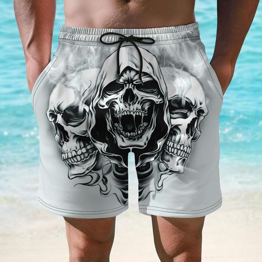 Gothic Skull Short For Men, Grim Reaper Smoke Swim Trunks, Edgy Biker Streetwear Summer Shorts,  Dark Style Beach Short, Gift For Him