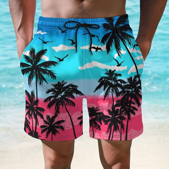Tropical Sunset Beach Short For Men, Palm Tree Summer Swim Trunks, Vibrant Pink Ocean Vacation Shorts, Family Trip Merch, Gift For Him