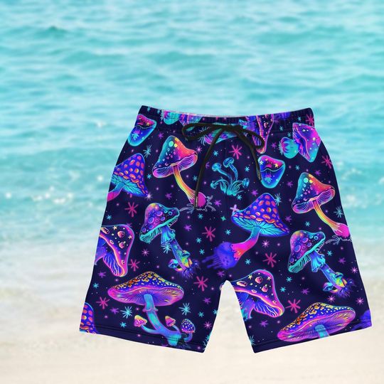 Psychedelic Mushroom Short For Men, Trippy Neon Swim Trunks, Glow In The Dark Festival Short, Funky Beach Short, Birthday Gift For Him