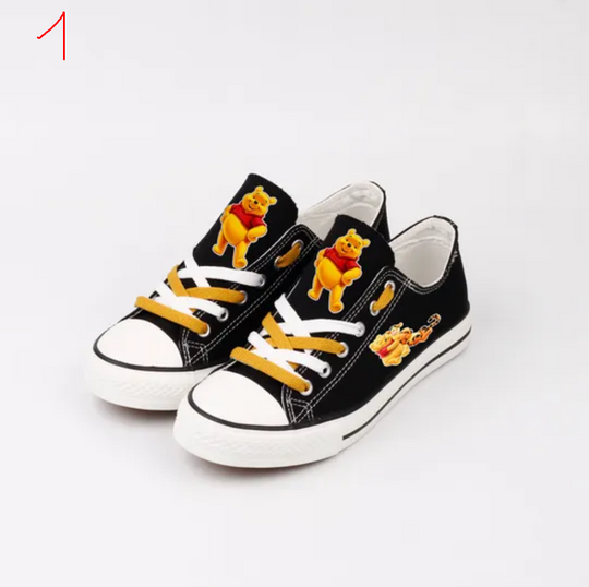 Winnie the Pooh shoes, Sneakers, Black, Printed, Gift, Piglet, Eeyore, Kanga, Roo, Owl, Rabbit, Tigger, Teddy Bear, Yellow, Honey