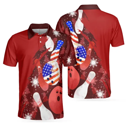 Bowling Men Polo Shirt   American Flag Christmas Bowling Ball and Pins Men Polo