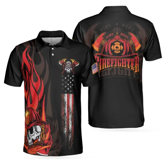Firefighter Skull Flame Short Sleeve Men Polo Shirt