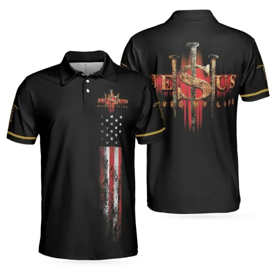 Jesus Saved My Life Christian Men Polo Shirt American Flag Polo Shirt