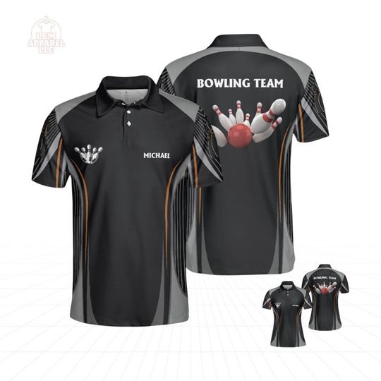 Bowling Custom Name, Team Black And Grey Line Pattern  Polo Shirt For Men And Women | Personalized Bowling Shirt