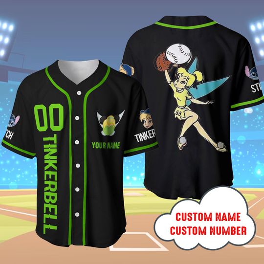Custom Tinker Bell Black Baseball Jersey, Disneyland Family Matching shirt, Tinker Bell Cartoon Baseball Tee for Toddler Kid & Youth