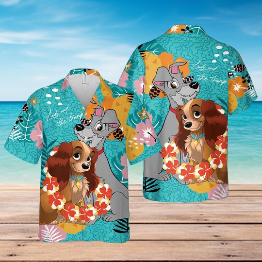 Lady and The Tramp Hawaiian Shirt, Summer Vacation Aloha Shirt, Dlsney Beach Shirt, Dogs Aloha Summer Shirts, Hawaii Shirt For Adult & Youth