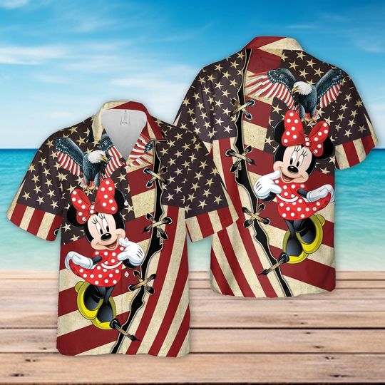 Minnie Mouse US Flag Hawaiian Shirt, Cool US Summer Outfit, Patriotic shirt for Disneyland Vacation, Dlsney Button Up shirt for Adult& Youth