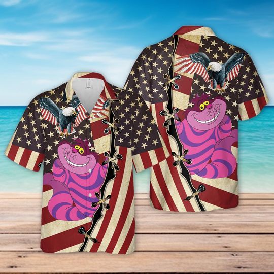 Cheshire Cat US Flag Hawaiian Shirt, Cool USA Summer Outfit, Patriotic shirt for Disneyland Vacation, Dlsney Button Up for Adult & Youth