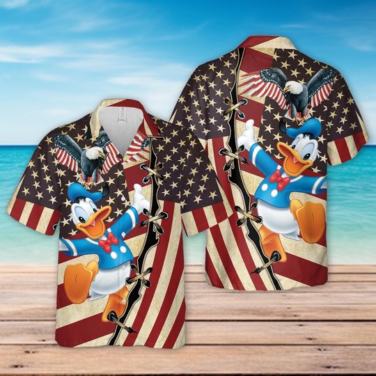 Donald Duck US Flag Hawaiian Shirt, Cool US Summer Outfit, Patriotic shirt for Disneyland Vacation, Button Up for Adult& Youth