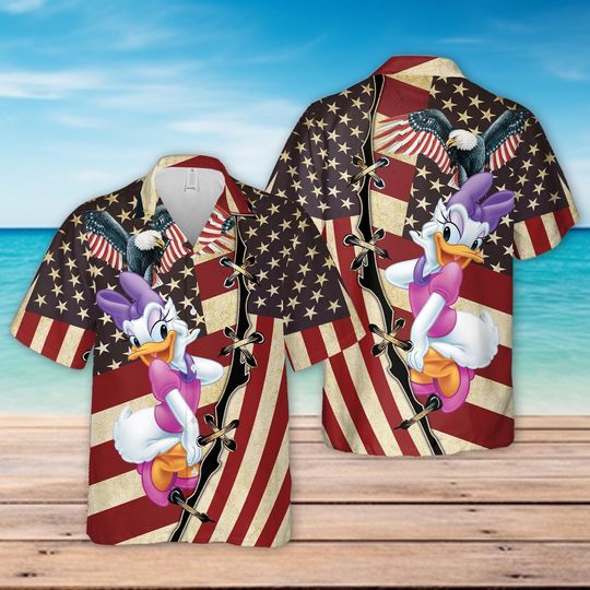 Daisy Duck US Flag Hawaiian Shirt, Cool USA Summer Outfit, Patriotic shirt for Disneyland Vacation, Dlsney Button Up shirt for Adult & Youth