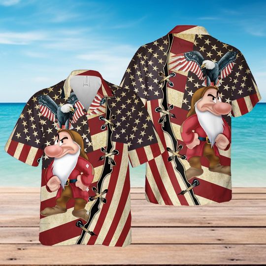 Grumpy US Flag Hawaiian Shirt, Cool USA Summer Outfit, Patriotic shirt for Disneyland Vacation, Dlsney Button Up shirt for Adult & Youth