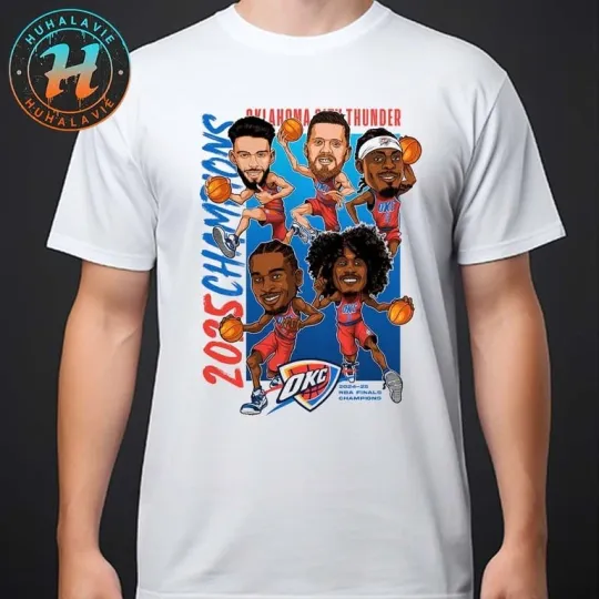 OKC Thunder Caricature Full Court 2025 NBA Champions White Unisex T-Shirt