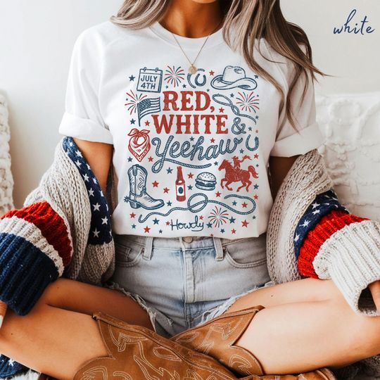 4th of July Shirt, Red White and Yeehaw, Western Rodeo Patriotic Tee, Vintage Cowboy Graphic, Country BBQ Party T-Shirt