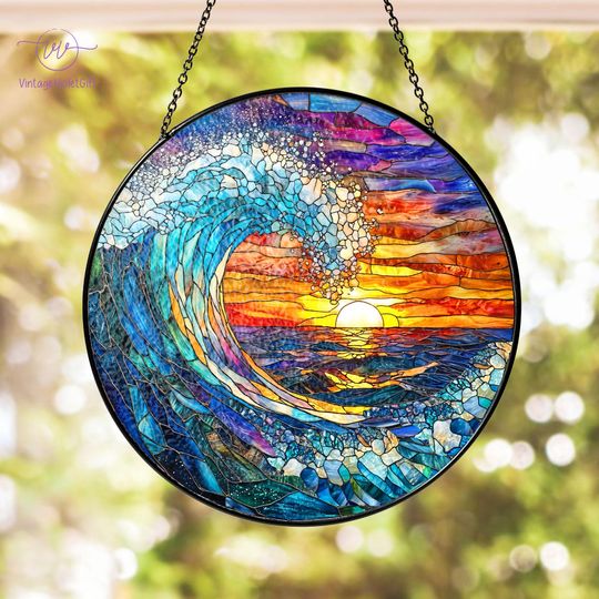 Sea Waves Stained Glass Suncatcher, Sunset On The Beach Window Hanging,Ocean Waves At Sunrise Suncatcher,Gift For Beach Lovers,Natural Gifts