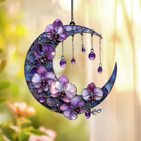 Orchid Flowers Crescent Moon Acrylic Window Hanging, Personalized Gift for Orchid Lovers, Mother's Day and Housewarming Decor