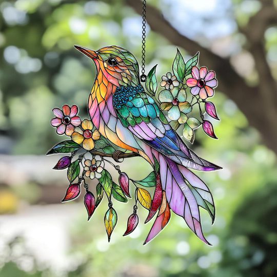Hummingbird Acrylic Faux Stained Glass Suncatcher | Window Hanging Decor, Bird Lover Gift, Mothers Day Home Accent, Unique Wildlife Art