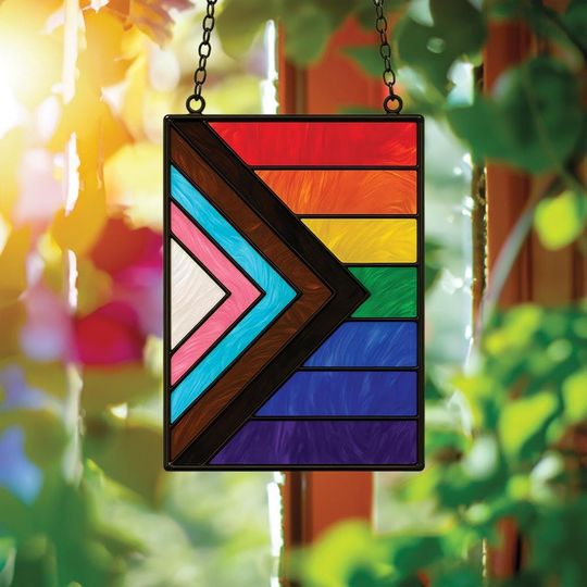 LGBTQ+ Progress Flag Faux Stained Glass Suncatcher  Acrylic Window Panel with Trans and BIPOC Stripes, Inclusive Rainbow Pride Decor