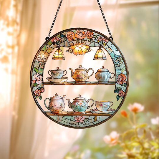 Cottagecore Floral Teacup Shelf Faux Stained Glass Suncatcher, Vintage Tea Lover Acrylic Window Hanging, Mothers Day Gift, Gift for Mom