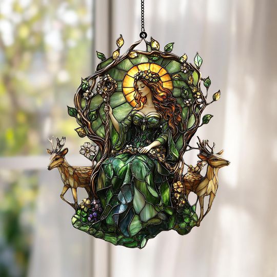 Fairy LightCatcher Enchanted Forest Fairy Faux Stained Glass Suncatcher, Fairy Flower Acrylic Window Hanging, Home Decoration Gift for Mom