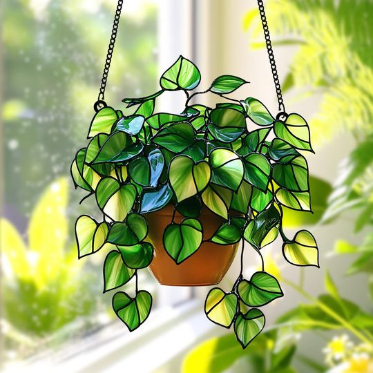 Pothos Plant Acrylic  Suncatcher - Faux Stained Glass Window Hanging for Plant Lovers, Botanical Theme Home Art Decor, Garden Hanging