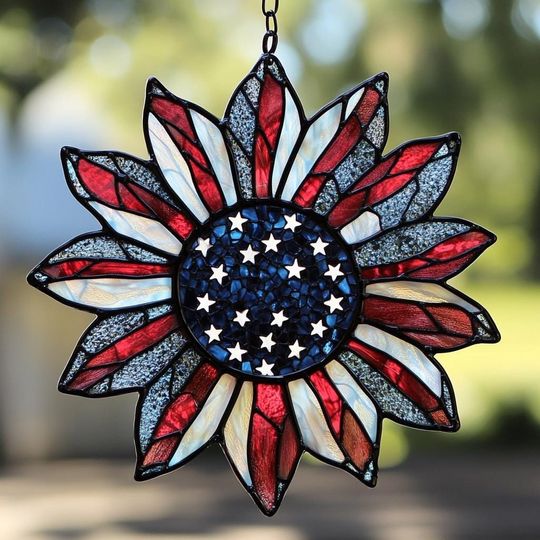 American Sunflower Stained Glass Acrylic  Suncatcher - Patriotic Red White Blue Window Hanging For Summer Decor And Fourth Of July Gifts