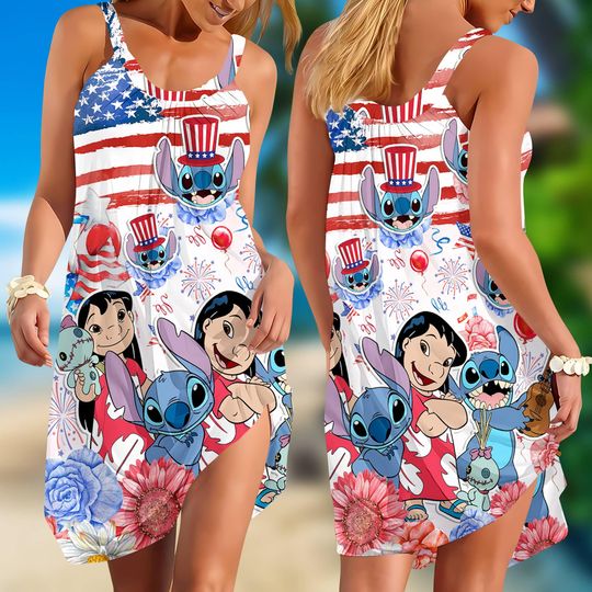 Stitch 4th July Summer Dress, Independence Floral Sling Summer Dress for Women, Beach Sundress Lightweight Casual Sleeveless Dress