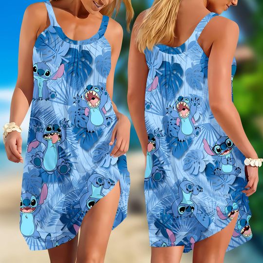 Stitch Summer Dress, Lilo And Stitch Floral Sling Summer Dress for Women, Beach Sundress Vacation Outfit Lightweight Casual Sleeveless Dress
