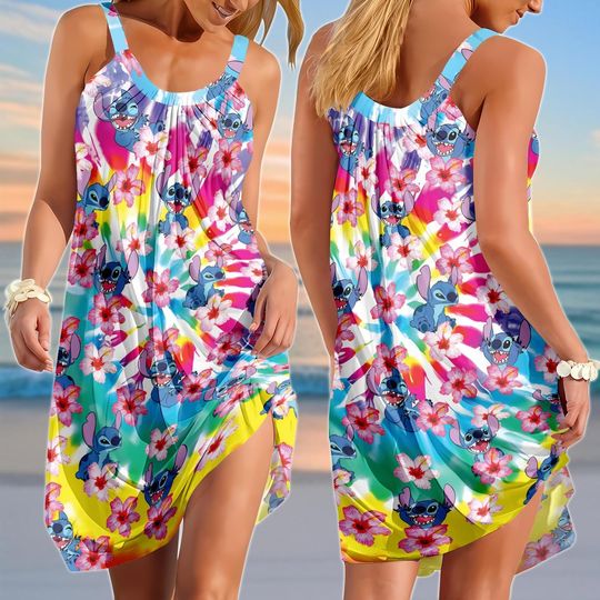 Stitch Floral Sling Summer Dress, Disneyland Women Dress, Tropical Beach Dress, Lilo And Stitch Dress, Gift For Her, Beach Trip Dress