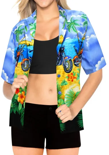 LA LEELA Hawaiian Shirts Womens Floral Summer Beach M Motor Ride, Royal Blue
