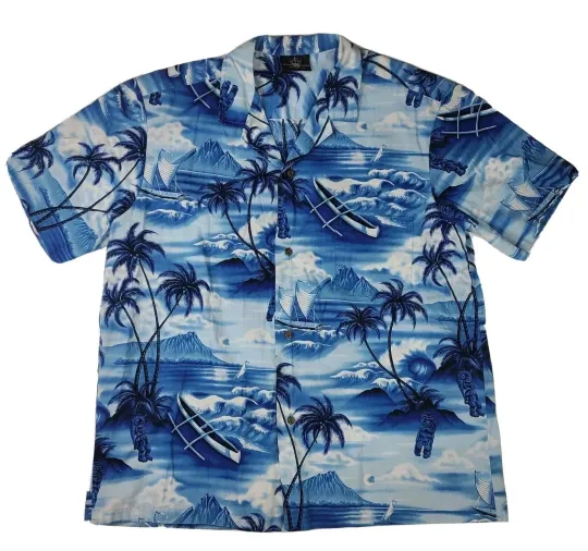 Royal Creations Hawaiin XL Canoe Palm Trees Waves Single Stitch Blue S/S Shirt