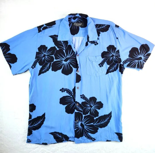 Favant Hawaiian Floral Print Bohemian Button Up Shirt Short Sleeve Blue Men's L