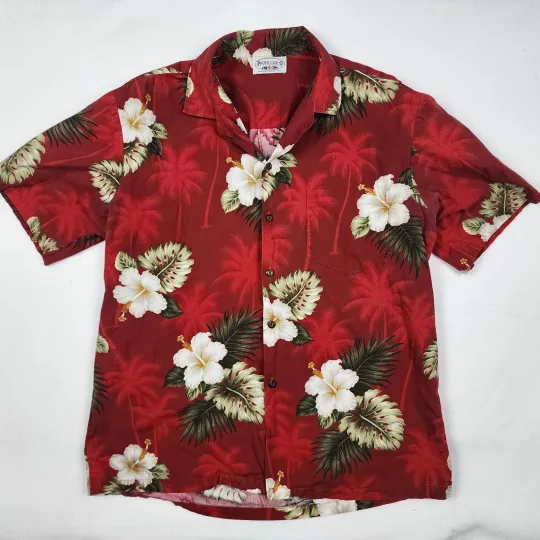 ✅ Vintage Pacific Legend Apparel Mens Hawaiian Floral Shirt Size L Collared Red